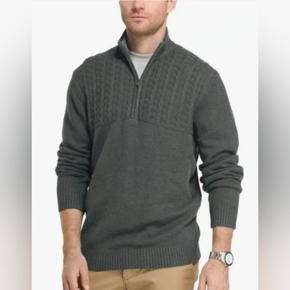 Izod Men's Newport Quarter Zip Cable Knit Pullover Sweater, Grey ,Size Large